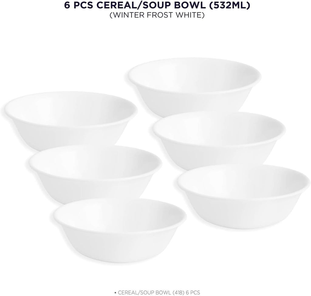 Corelle Vitrelle 6-Piece Soup/Cereal Bowl Set Triple Layer Glass and Chip Resistant  18-Oz Lightweight Round Bowls  Winter Frost White