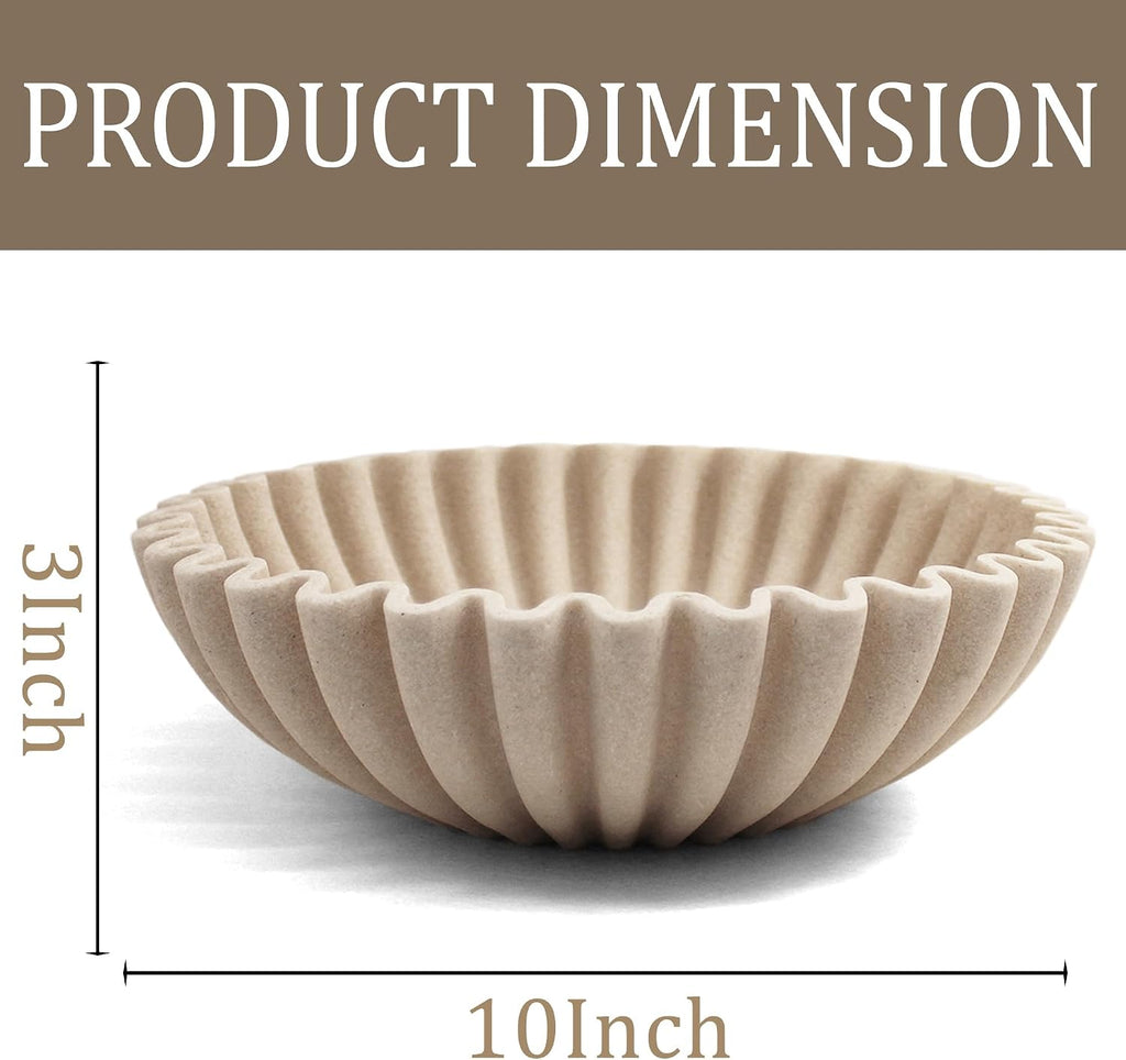 Ruffle Decorative Bowl  Large Fruit Bowl for Kitchen Counter  Stylish Key Bowl for Entry Table  Handcrafted Home Decor Display bowl  Artificial Stone Beige